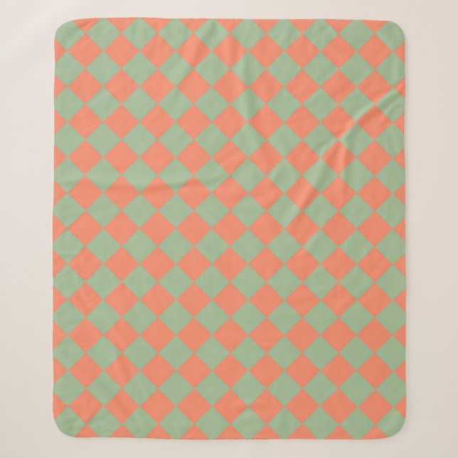 Olive Green Salmon Pink Chequered Diamond Pattern Sherpa Blanket (Front)