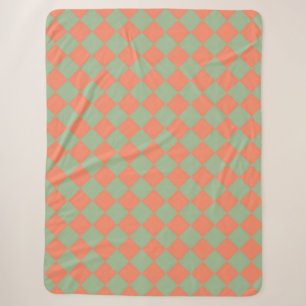 Olive Green Salmon Pink Chequered Diamond Pattern Sherpa Blanket