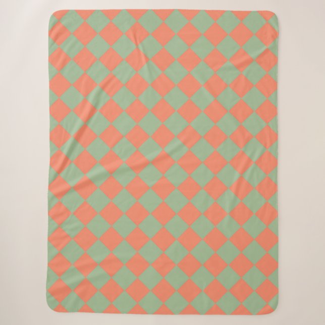 Olive Green Salmon Pink Chequered Diamond Pattern Sherpa Blanket (Front)