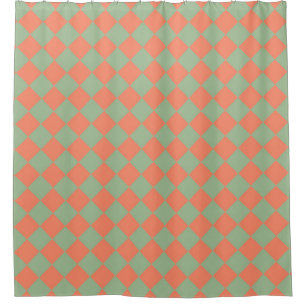 Olive Green Salmon Pink Chequered Diamond Pattern Shower Curtain