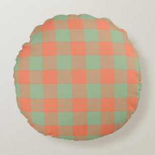 Olive Green Salmon Pink Plaid Chequered Pattern Round Cushion