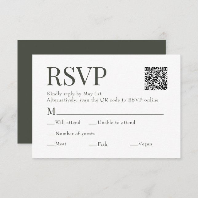 Olive Green Scan Qr Code Meal Choice Wedding RSVP Card (Front/Back)