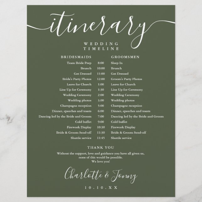 Olive Green Schedule Wedding Itinerary Timeline (Front)