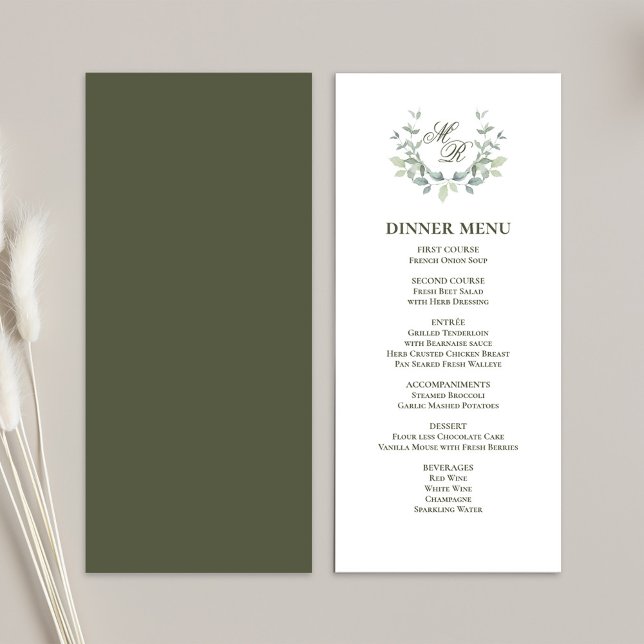 Olive Green Script Classic Wedding Dinner Menu (Elegant green motif wedding menu card template)