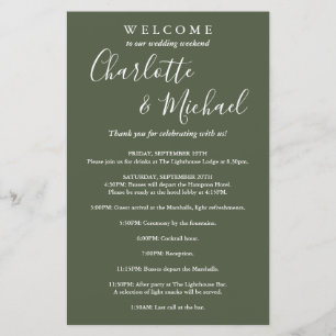 Olive Green Script Guest Wedding Weekend Program