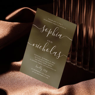 Olive green script minimalist engagement party invitation