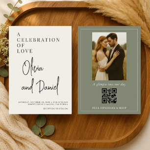 Olive Green Script Photo QR Code Wedding Invitation