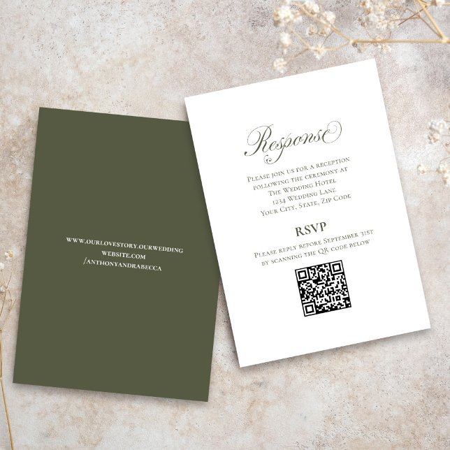 Olive Green Script Wedding RSVP QR Code Card (Elegant olive green wedding RSVP card with script font and modern QR code response)