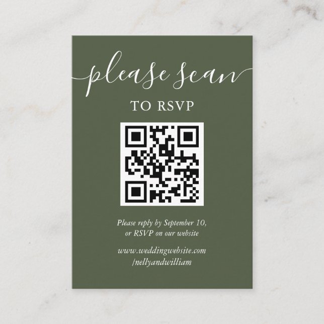 Olive Green Script Wedding RSVP QR Code Photo Enclosure Card (Front)