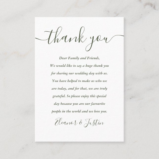 Olive Green Script Wedding Thank You Place Card (Front)