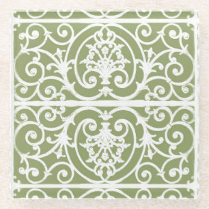 Olive green scrollwork pattern glass coaster