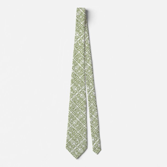 Olive green scrollwork pattern tie (Front)