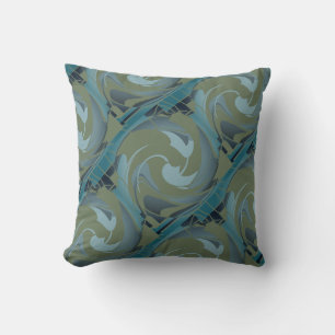 Olive Green Seafoam Grey Slanted Swirling Shapes Cushion