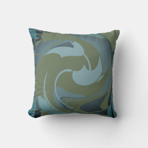 Olive Green Seafoam Grey Swirling Abstract Flower Cushion