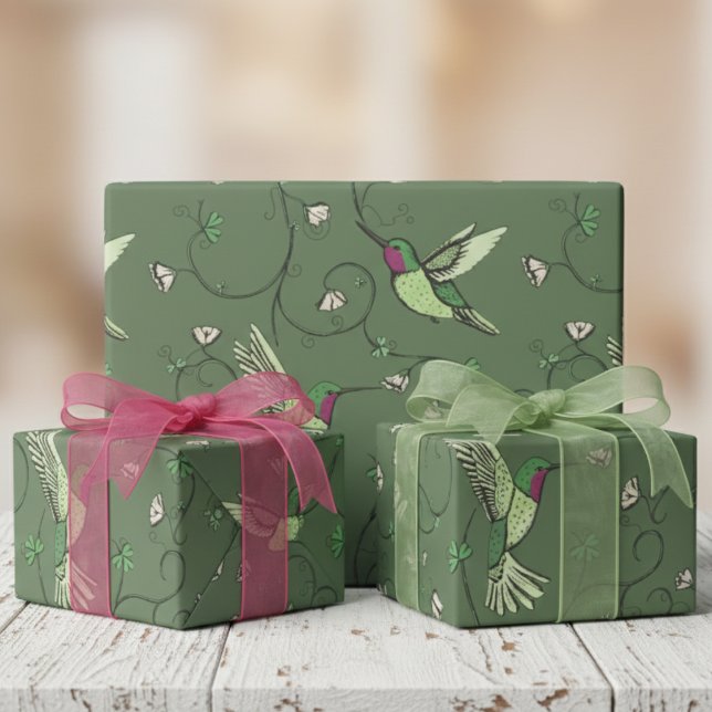 Olive Green Shamrock Vine Hummingbird Pattern Wrapping Paper (Olive Green St Patrick's Day Irish Gift Wrap. Whimsical Floral Hummingbird, Clover, Lucky Shamrocks )