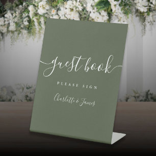 Olive Green Signature Script Guest Book Pedestal Sign