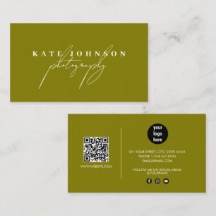 Olive Green Signature Script QR Code Social Media Business Card