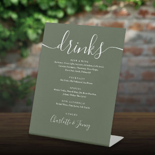 Olive Green Signature Script Wedding Drinks Menu Pedestal Sign