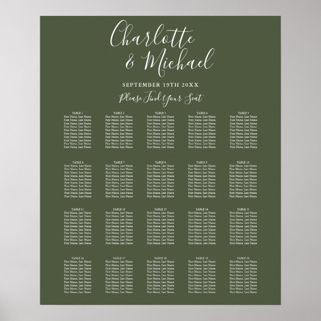 Olive Green Signature Script Wedding Seating Chart (Front)