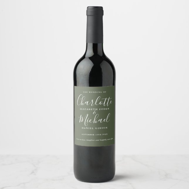 Olive Green Signature Script Wedding Wine Label (Front)