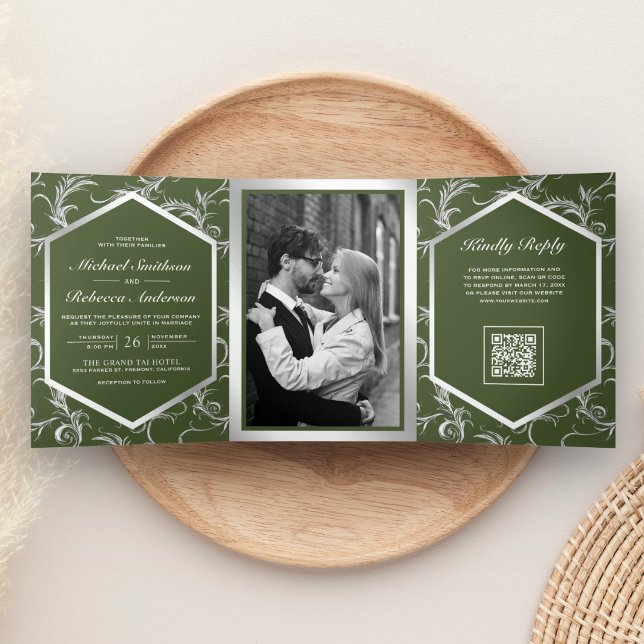 Olive Green Silver Flourish QR Code Wedding Tri-Fold Invitation (Creator Uploaded)