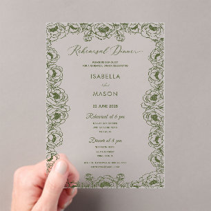 olive green simple clear elegant classic rehearsal acrylic invitations