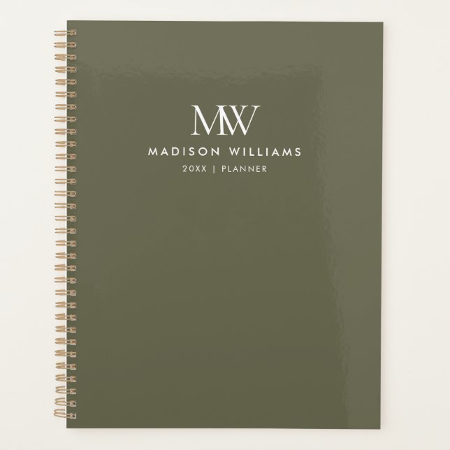 Olive Green Simple Elegant Modern Monogram Planner (Front)