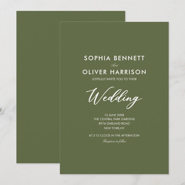OLIVE GREEN SIMPLE ELEGANT WEDDING INVITE (Front/Back)