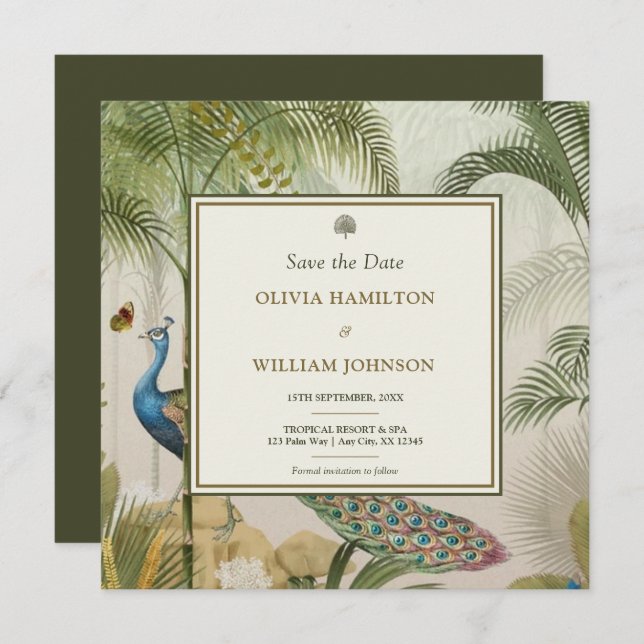 Olive Green Square Tropical Peacock Palm Save The Date (Front/Back)