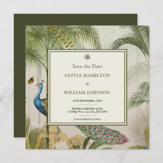 Olive Green Square Tropical Peacock Palm Save The Date