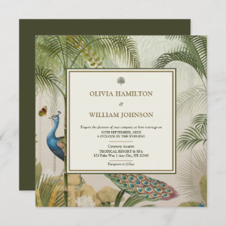 Olive Green Square Tropical Peacock Palm Wedding Invitation