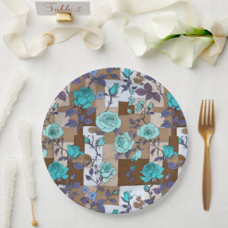 Olive Green Squares And Teal Roses Colour Block Paper Plate