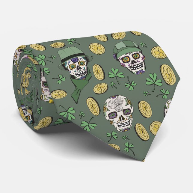 Olive Green St Patrick's Day Irish Sugar Skull Tie (Rolled)