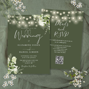 Olive Green String Lights Floral QR Code Wedding Invitation