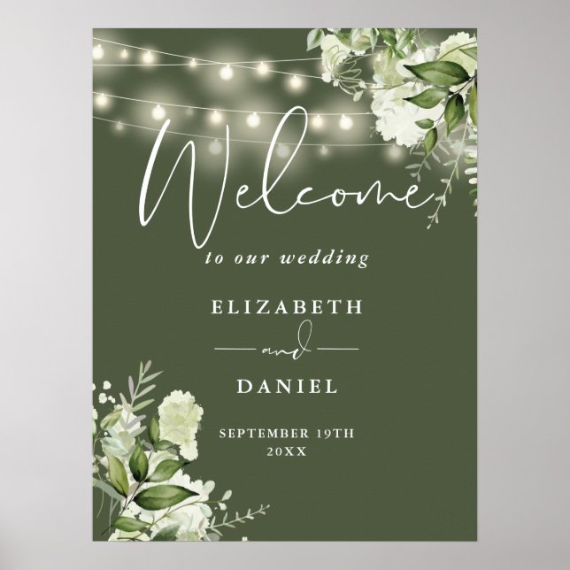 Olive Green String Lights Floral Wedding Welcome Poster (Front)