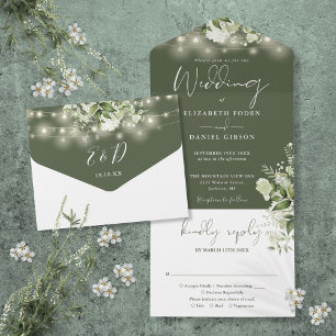 Olive Green String Lights Greenery Floral Wedding All In One Invitation