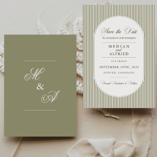 Olive Green Stripe Calligraphy Script Wedding Save The Date