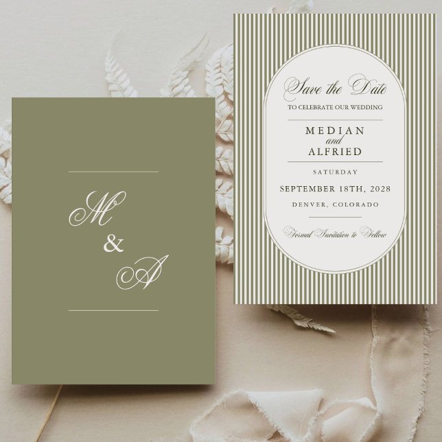 Olive Green Stripe Calligraphy Script Wedding Save The Date (Creator Uploaded)