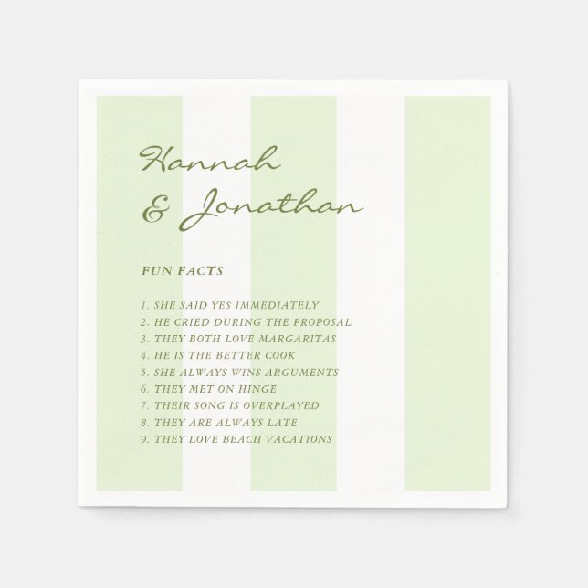 Olive Green Stripe FUN FACTS Wedding Napkin (Front)