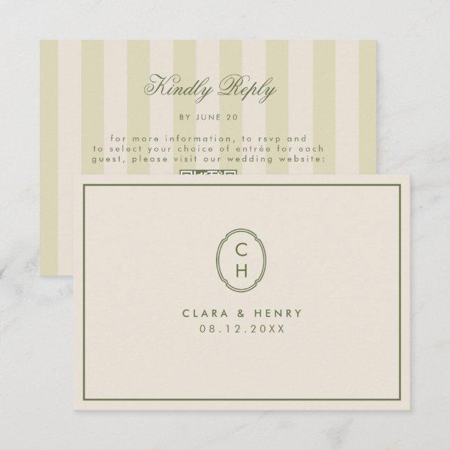 Olive Green Striped QR Code Wedding RSVP Card (Front/Back)