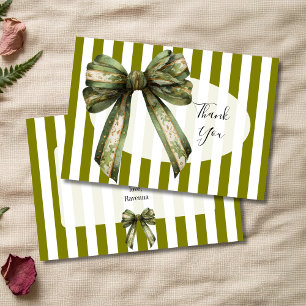 Olive Green Striped Vintage Bow Thank You Card