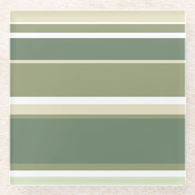 Olive green stripes glass coaster (Front)