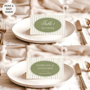 Olive Green Stripes Oval Wedding Guest Place Card