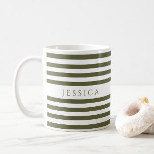 Olive Green Stripes Pattern Name Coffee Mug