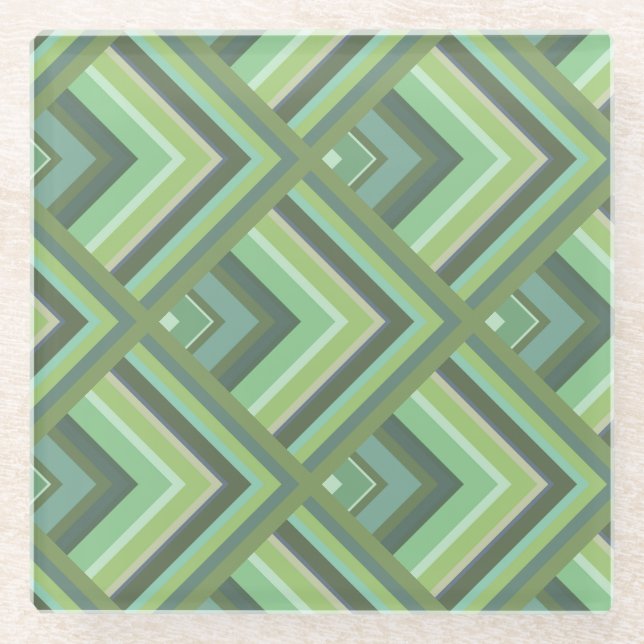 Olive green stripes scale pattern glass coaster (Front)