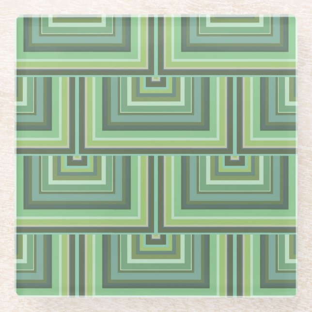 Olive green stripes square scales pattern glass coaster (Front)