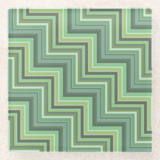 Olive green stripes stairs pattern glass coaster (Front)