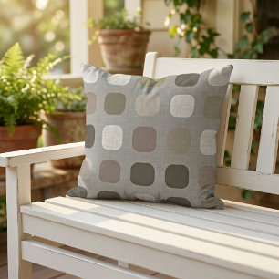 Olive Green Taupe Round Squares Pattern On Grey Cushion
