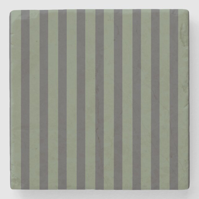 Olive Green Tick Striped Modern Stone Coaster (Front)