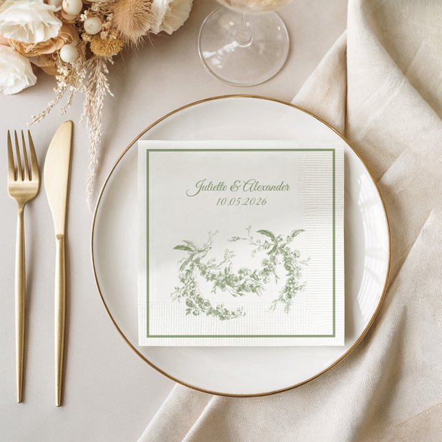 Olive Green Toile de Jouy Wedding Paper Napkins (Creator Uploaded)